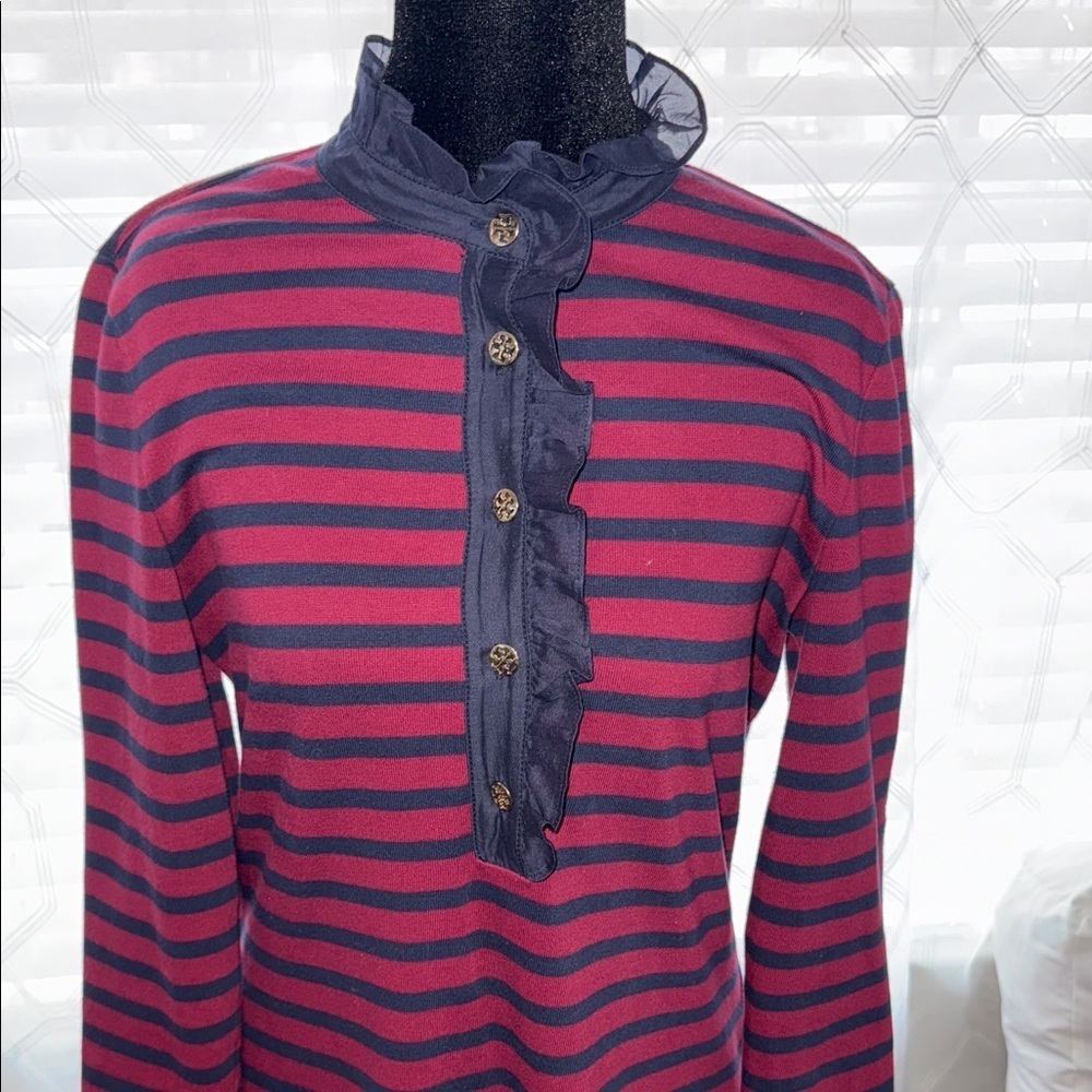 Tory Burch Striped Cotton Shift Dress Red Navy Ruffle Neck Logo Buttons Size S - Picture 4 of 11
